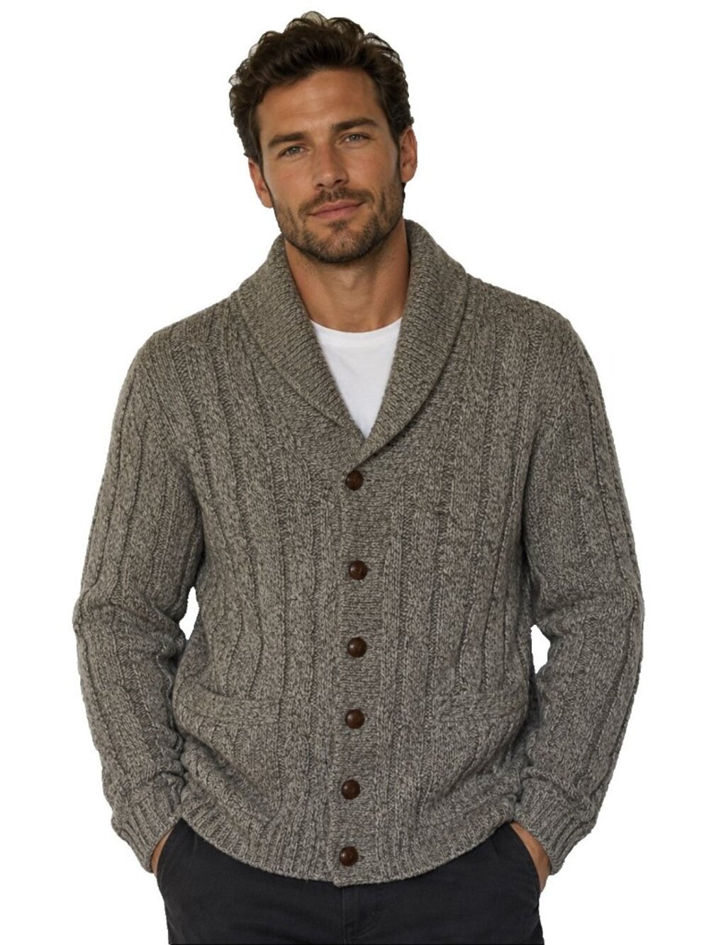 Men's Shawl Collar Cable Knit Cardigan Sweater - Gray